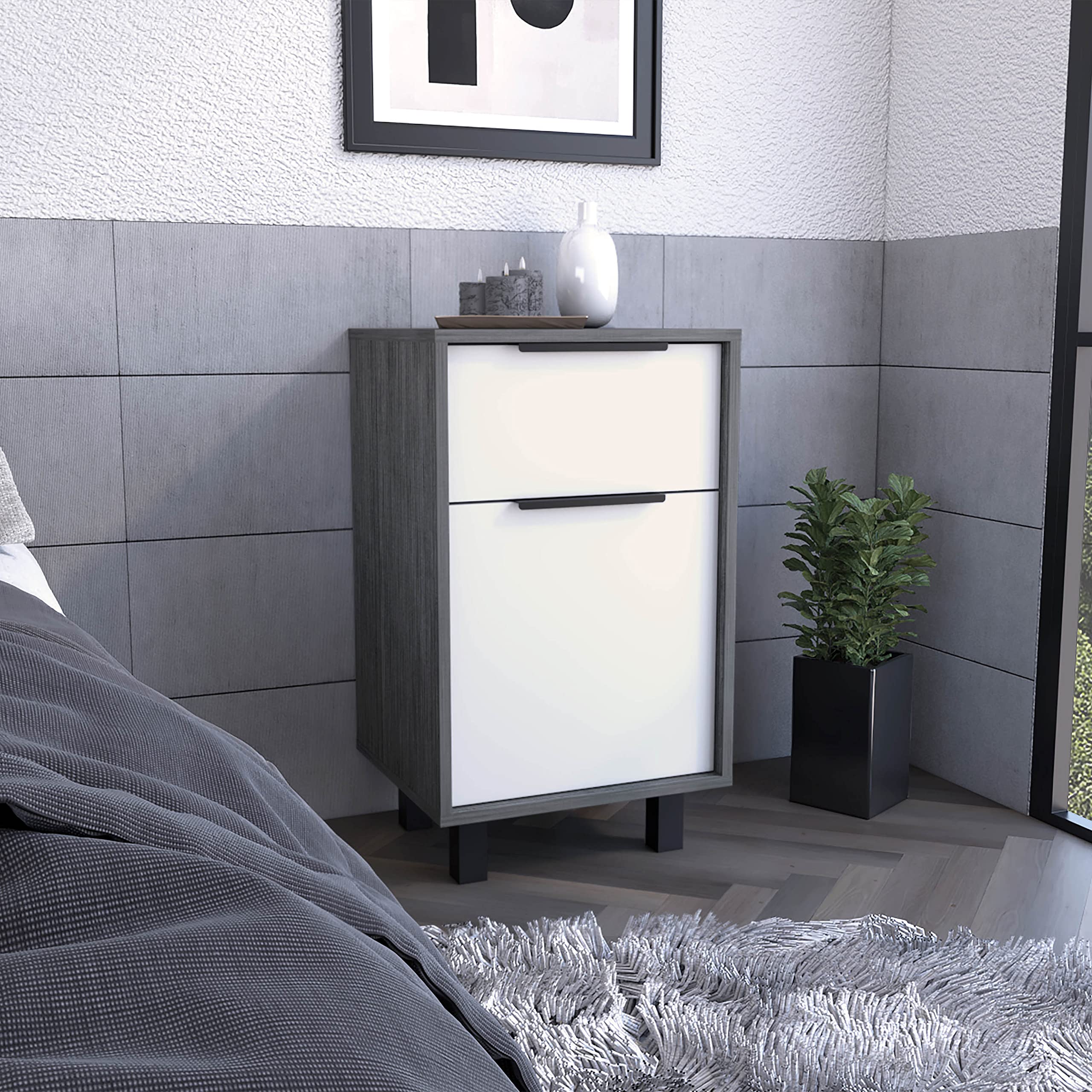 Nightstand 27&Quot; H, 1 Drawer, Storage With Door, 4 Legs, Smokey Oak/White